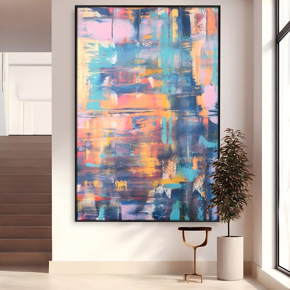 Tablou canvas cu pictura abstracta cu linii verticale, in rama de aluminiu negru